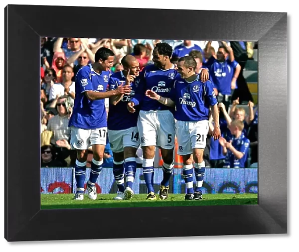 Everton's Osman Scores Double: Celebrating at Craven Cottage after Fulham Victory, May 2009