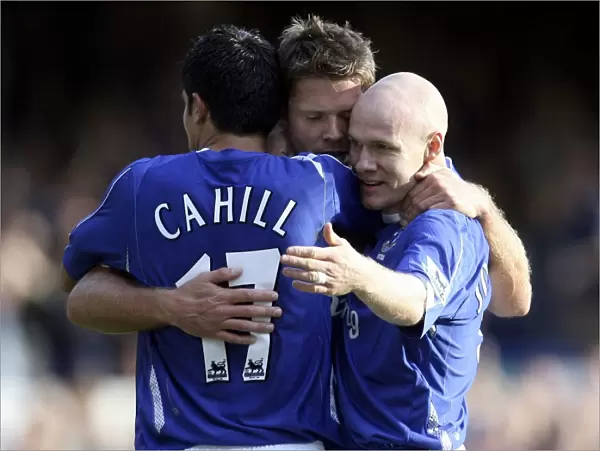 Everton's Double Delight: Beattie, Cahill, and Johnson Celebrate Goals vs. Sheffield United (October 21, 2006)