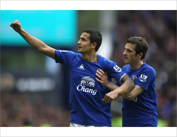 Everton's Tim Cahill and Leighton Baines Celebrate Historic First Goal Against Liverpool at Goodison Park