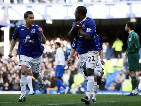 Everton's Yakubu and Tim Cahill Celebrate First Goal vs. Portsmouth (02 / 03 / 08)