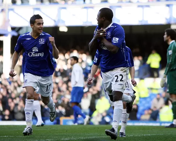 Everton's Yakubu and Tim Cahill Celebrate First Goal vs. Portsmouth (02 / 03 / 08)