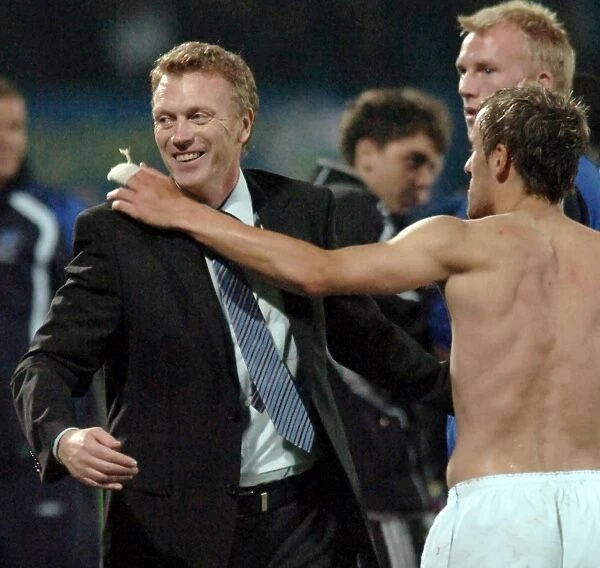 David Moyes and Everton Celebrate UEFA Cup Victory Over Metalist Kharkiv