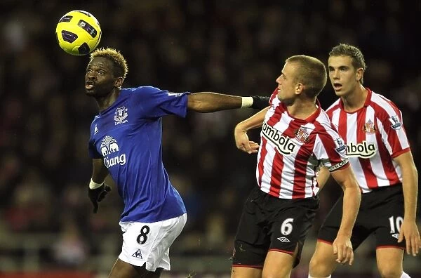 Determined Victory: Louis Saha Outmuscles Lee Cattermole in Everton's Triumph over Sunderland (November 2010, Barclays Premier League)