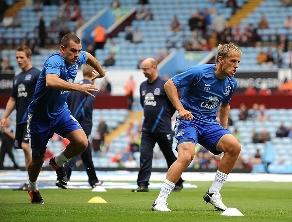 Everton FC at Villa Park: Neville and Gibson Warm Up Before Aston Villa vs Everton (Premier League: 25-08-2012)