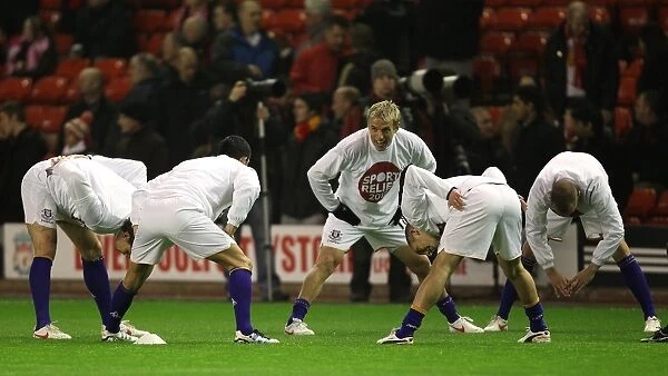 Everton Players Pre-Match Focus: Stretching at Anfield before Liverpool Clash (BPL, 13 March 2012)