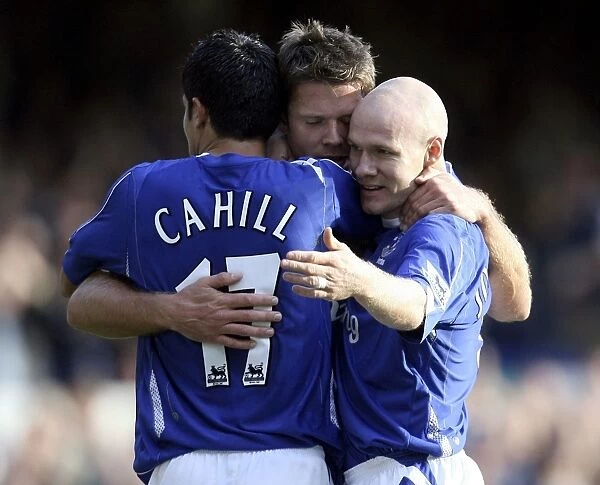 Everton's Double Delight: Beattie, Cahill, and Johnson Celebrate Goals vs. Sheffield United (October 21, 2006)