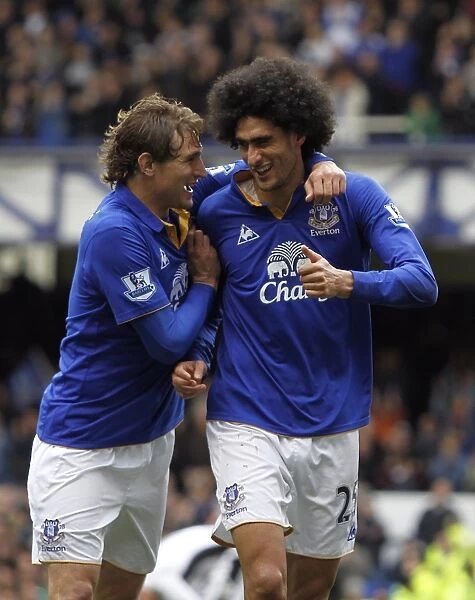 Everton's Fellaini and Jelavic: A Dynamic Duo Celebrates Their Second Goal vs. Fulham (April 2012, Goodison Park)