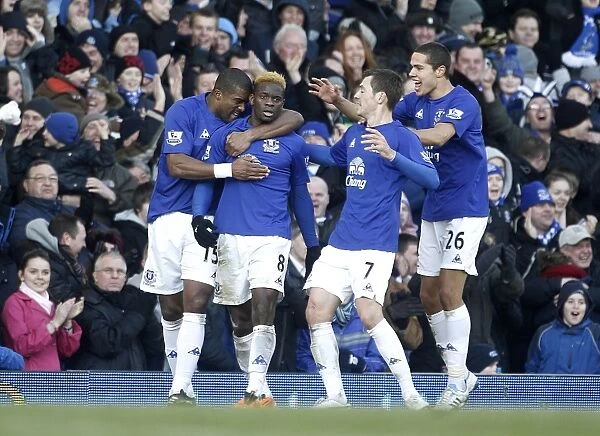 Everton's Louis Saha Scores First Goal Against Chelsea in FA Cup Fourth Round, Surrounded by Team Mates