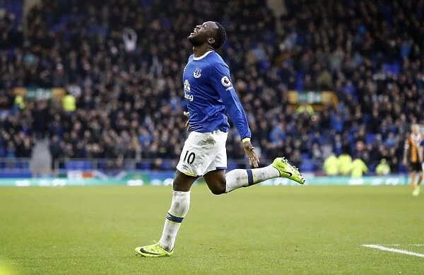 Everton's Romelu Lukaku Celebrates Scoring Four Goals Against Hull City at Goodison Park