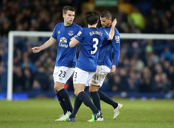 Everton's Triumph: Mirallas, Baines, and Coleman Celebrate Second Goal vs. Queens Park Rangers