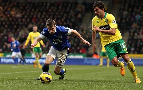 Intense Battle for Ball Possession: Seamus Coleman vs. Javier Garrido - Norwich City vs. Everton, Premier League (February 23, 2013)