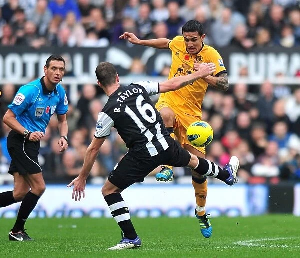 Intense Rivalry: Cahill vs Taylor Battle for Ball in Newcastle vs Everton Premier League Clash (05 November 2011)