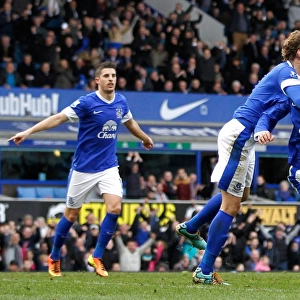 Everton's Fellaini and Jelavic Celebrate First Goals: Everton 3-1 Reading (Goodison Park, 02-03-2013)