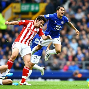 Intense Rivalry: Tim Cahill vs. Marc Wilson - Everton vs. Stoke City's Fierce Battle for Possession