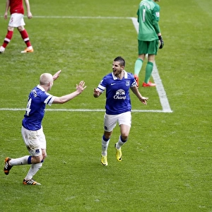 Triumphant Everton: Mirallas, Naismith Celebrate Arteta's Own Goal (3-0 vs Arsenal, Goodison Park, 06-04-2014)
