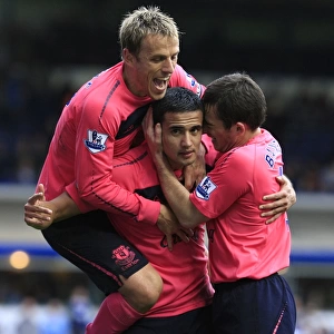 Triumphant Trio: Cahill, Baines, and Neville's Double Celebration (Everton Football Club)