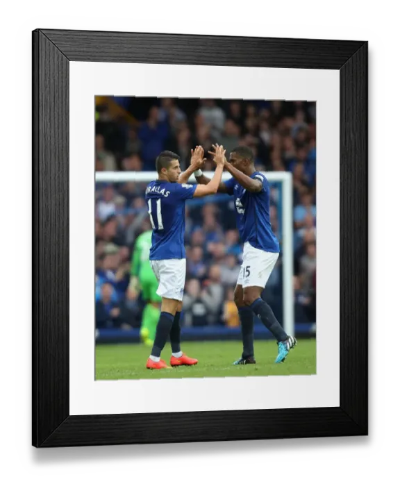 Framed Print : Mirallas and Distin: Everton's Unforgettable Goal Celebration vs. Chelsea (Premier League)