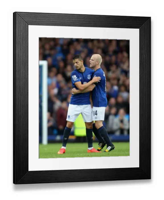 Framed Print : Mirallas and Naismith's Thrilling Celebration: Everton's First Goal Against Chelsea in the Premier League