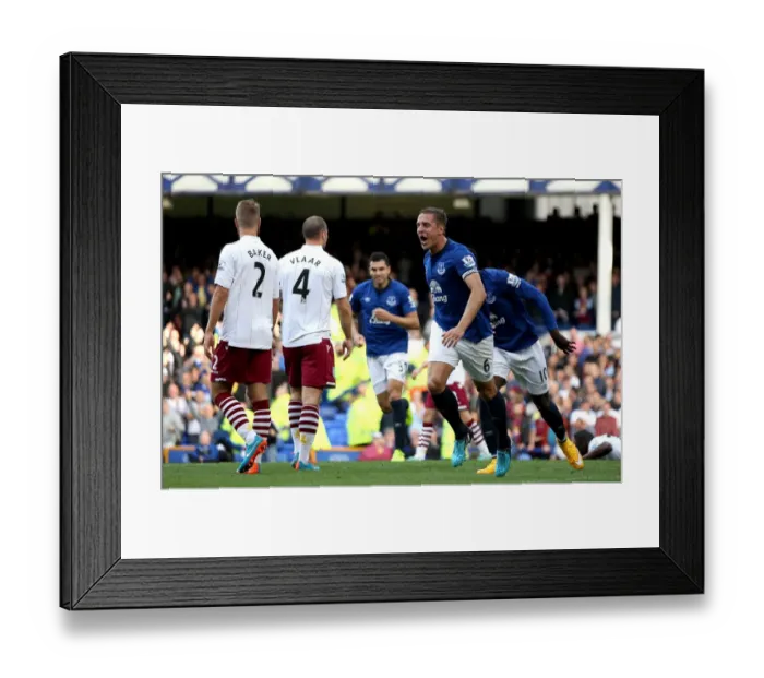 Framed Print : Phil Jagielka's Thriller: Everton's First Goal Against Aston Villa in Barclays Premier League at Goodison Park Framed Print : Phil Jagielka's Thriller: Everton's First Goal Against Aston Villa in Barclays Premier League at Goodison Park