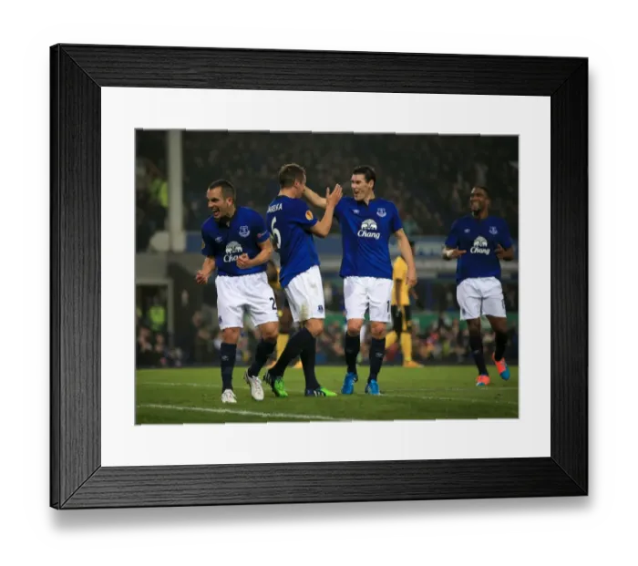 Framed Print : Everton's Jagielka Scores Second Goal, Celebrates with Osman and Barry (UEFA Europa League) Framed Print : Everton's Jagielka Scores Second Goal, Celebrates with Osman and Barry (UEFA Europa League)