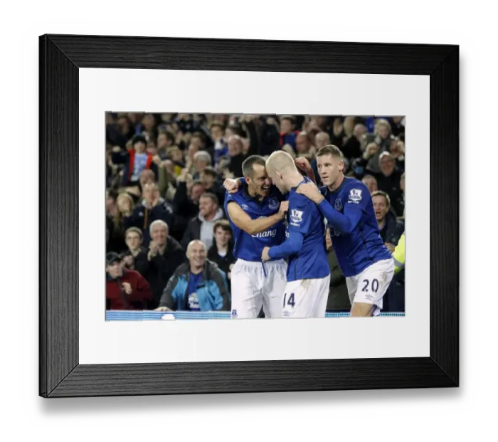 Framed Print : Everton's Osman, Naismith, and Barkley: Triumphant Trio Celebrates Second Goal vs. West Ham Framed Print : Everton's Osman, Naismith, and Barkley: Triumphant Trio Celebrates Second Goal vs. West Ham