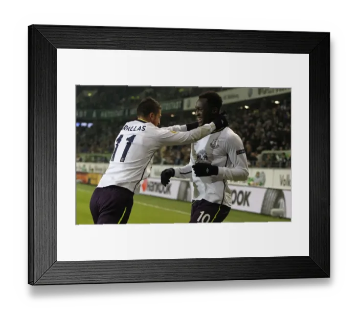Framed Print : Everton's Lukaku and Mirallas: United in Victory - Celebrating First Goal vs. VfL Wolfsburg (UEFA Europa League)