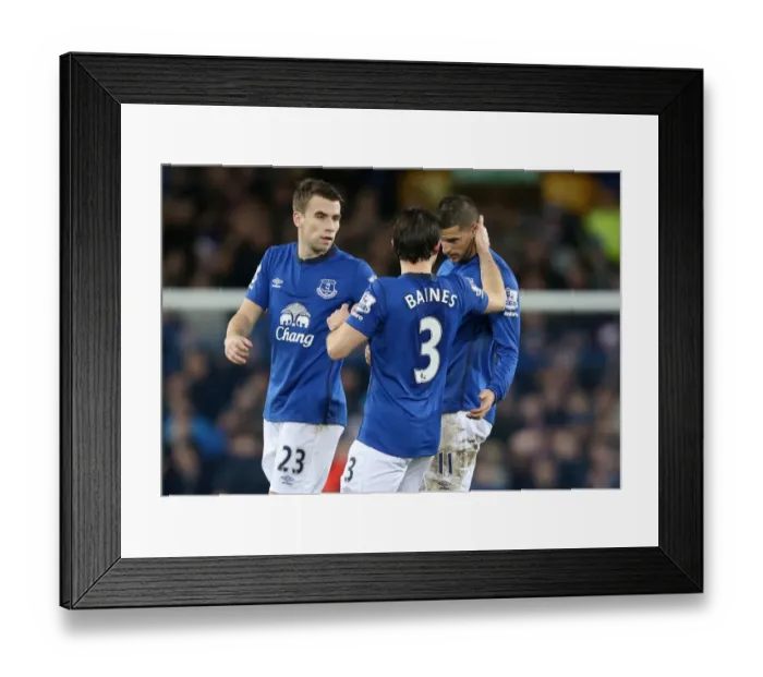 Framed Print : Everton's Unforgettable Moment: Mirallas, Baines, and Coleman's Triumphant Celebration after Scoring Second Goal vs. Queens Park Rangers Framed Print : Everton's Unforgettable Moment: Mirallas, Baines, and Coleman's Triumphant Celebration after Scoring Second Goal vs. Queens Park Rangers
