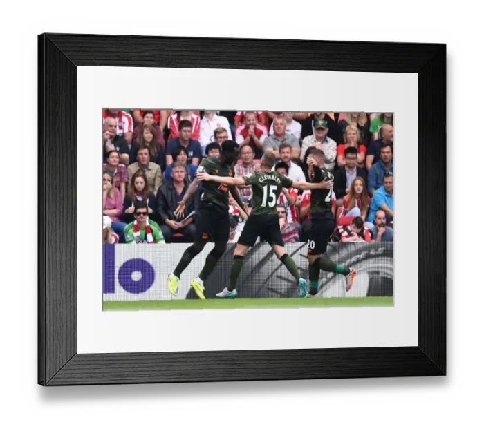 Framed Print : Everton's Lukaku Scores and Celebrates with Cleverley and Barkley: A Triumphant Moment at Southampton (Premier League)