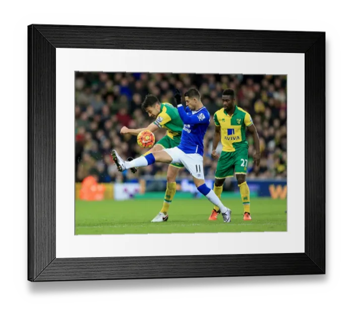 Framed Print : Battle for the Ball: Mirallas vs. Martin at Carrow Road - Norwich City vs. Everton, Barclays Premier League