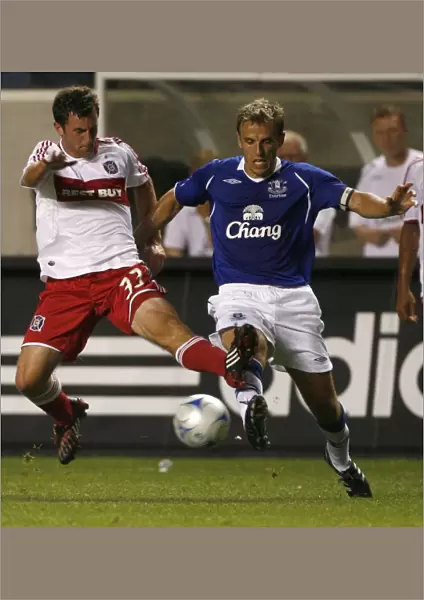 Everton FC Phil Neville struggles with Chicago Fire Stephen King In Bridgeview I