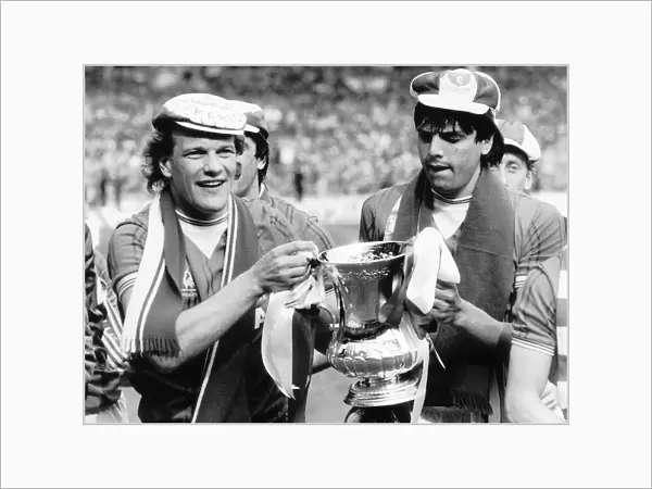 Andy Gray left and Graeme Sharp of Everton May 1984 hold the FA Cup