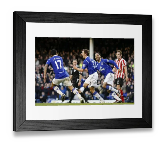 Framed Print : Everton's Triumph: Gosling, Lescott, and Cahill's Celebration of the Third Goal vs. Sunderland (December 28, 2008)