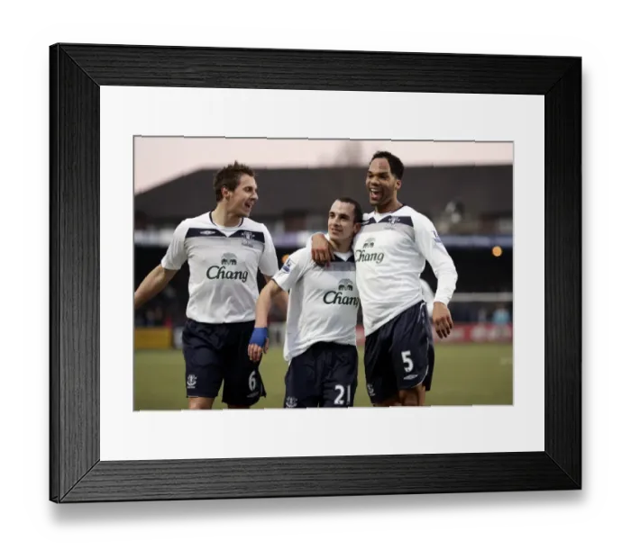 Framed Print : Everton's Triumphant Trio: Osman, Lescott, Jagielka Celebrate First Goal vs. Macclesfield Town (2009) FA Cup Third Round Framed Print : Everton's Triumphant Trio: Osman, Lescott, Jagielka Celebrate First Goal vs. Macclesfield Town (2009) FA Cup Third Round