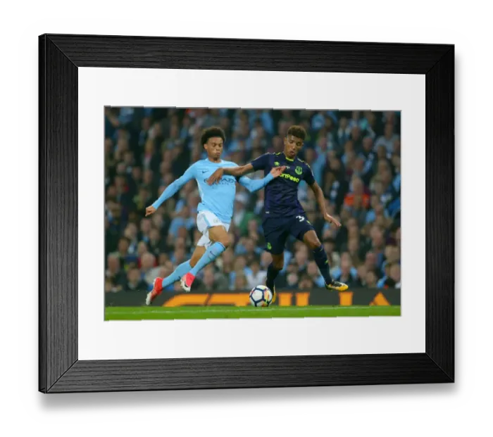 Framed Print : Manchester City vs. Everton: Intense Battle for the Ball between Leroy Sane and Mason Holgate (Premier League, 2017-18, Etihad Stadium) Framed Print : Manchester City vs. Everton: Intense Battle for the Ball between Leroy Sane and Mason Holgate (Premier League, 2017-18, Etihad Stadium)
