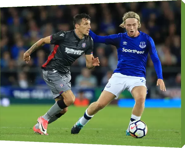 Everton vs Hajduk Split: Tom Davies Clashes with Hysen Memolla in UEFA Europa League Play-Off First Leg at Goodison Park (2017-18)