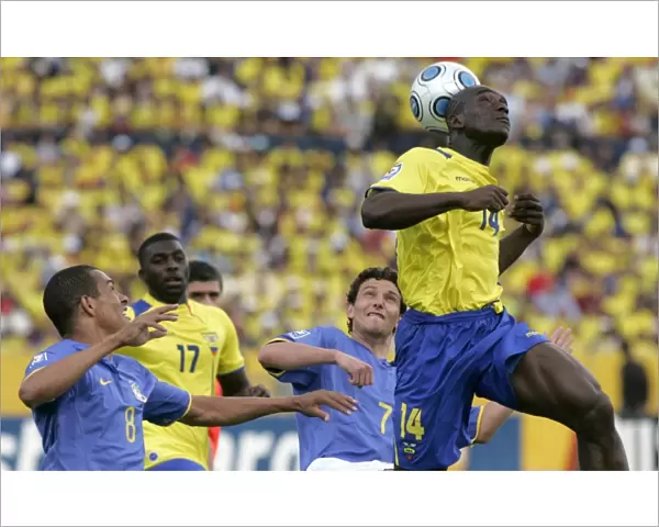 Ecuadors Segundo Castillo heads the ball during their World Cup 2010 qualifying soccer match against Brazil in Quito