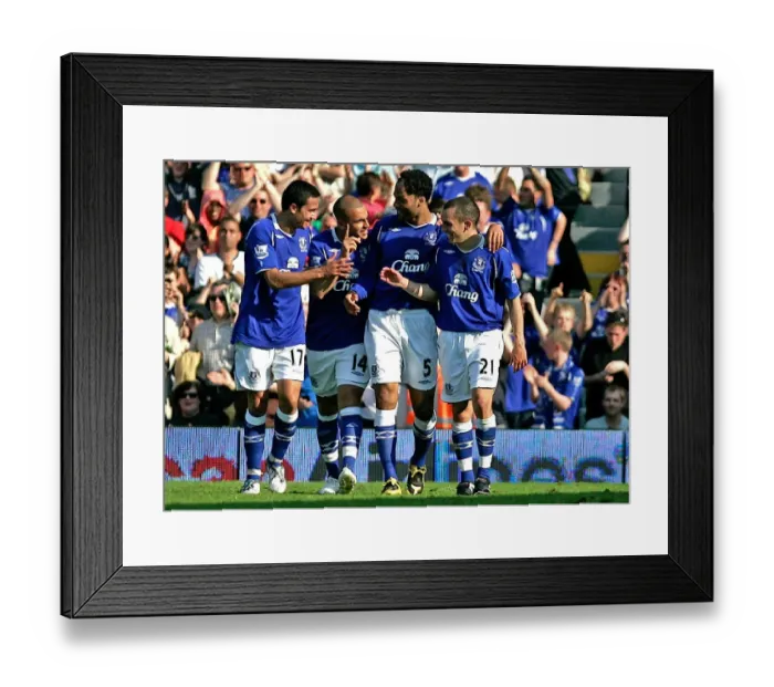 Framed Print : Everton's Osman Scores Double: Celebrating at Craven Cottage after Fulham Victory, May 2009 Framed Print : Everton's Osman Scores Double: Celebrating at Craven Cottage after Fulham Victory, May 2009