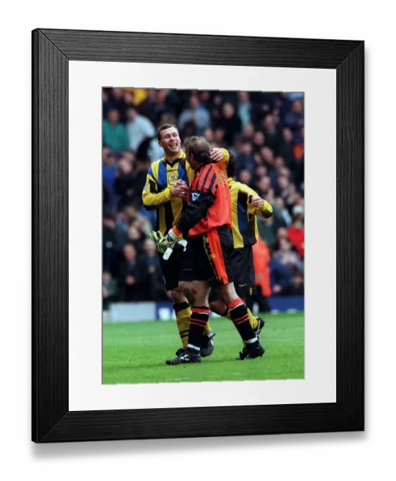 Framed Print : Everton's Unforgettable Heroes: Duncan Ferguson and Neville Southall Celebrate Glory Over West Ham United, April 19, 1997 Framed Print : Everton's Unforgettable Heroes: Duncan Ferguson and Neville Southall Celebrate Glory Over West Ham United, April 19, 1997
