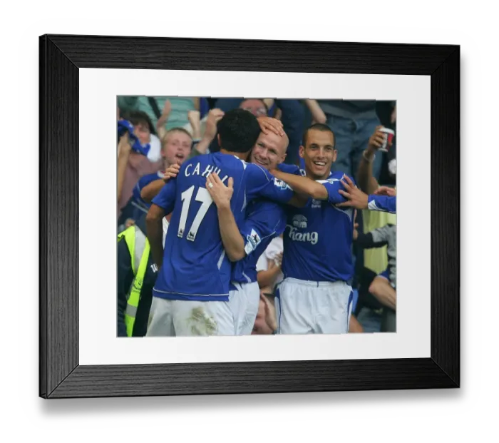 Framed Print : Everton's Unforgettable Moment: Johnson, Cahill, and Osman Celebrate First Goal Framed Print : Everton's Unforgettable Moment: Johnson, Cahill, and Osman Celebrate First Goal