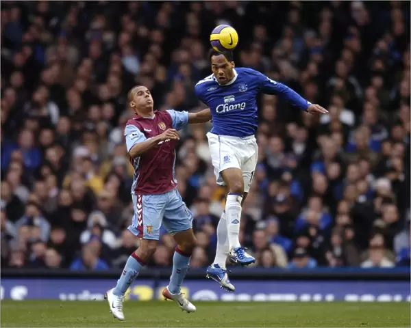 Everton v Aston Villa Joleon Lescott wins a header against Gabriel Agbonlahor