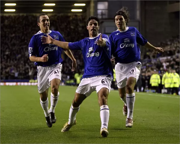 Everton v Bolton - Mikel Arteta celebrates after scoring the only goal of the game