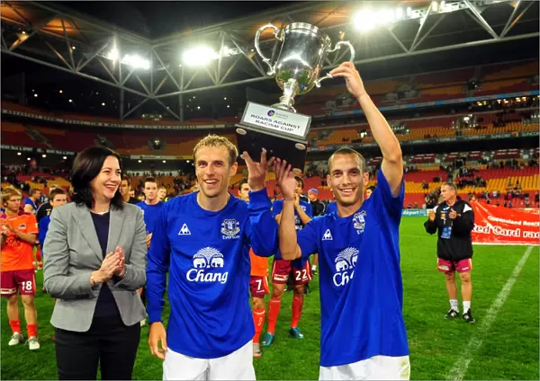 Everton Football Club: Phil Neville and Leon Osman Celebrate Roar Against Racism Cup Victory at Suncorp Stadium