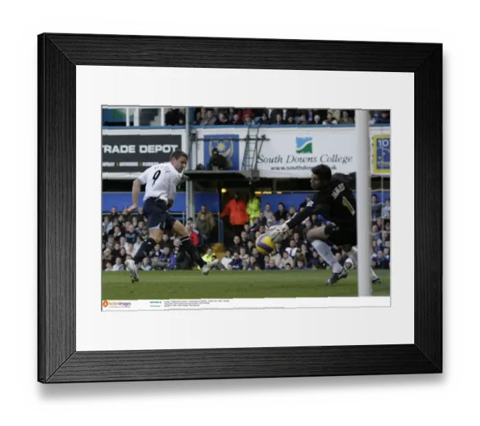Framed Print : Portsmouth v Everton Portsmouths David James saves from Evertons James Beattie Framed Print : Portsmouth v Everton Portsmouths David James saves from Evertons James Beattie