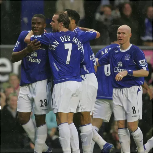 Everton v Newcastle United Victor Anichebe celebrates after scoring with Andy Van der Meyde