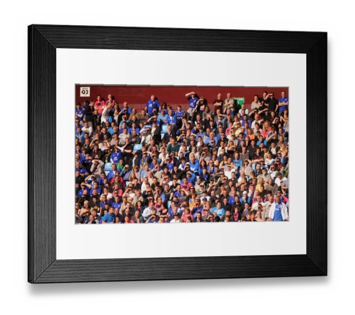 Framed Print : Everton Fans Shield Their Eyes from the Sun: Aston Villa vs. Everton, Barclays Premier League (29 August 2010)