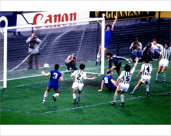 Everton's Historic European Glory: 1985 European Cup Winners Cup Final - Everton vs. Rapid Vienna: Pat van den Hauwe, Derek Mountfield, and Andy Gray Celebrate the Opening Goal