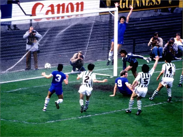 Everton's Historic European Glory: 1985 European Cup Winners Cup Final - Everton vs. Rapid Vienna: Pat van den Hauwe, Derek Mountfield, and Andy Gray Celebrate the Opening Goal