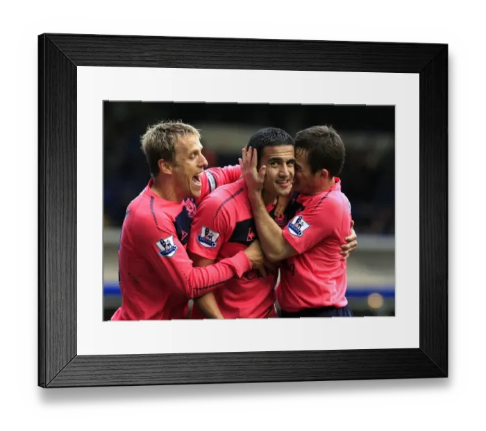 Framed Print : Everton's Triumphant Trio: Tim Cahill's Double Celebration with Baines and Neville, Birmingham City vs. Everton, Barclays Premier League Framed Print : Everton's Triumphant Trio: Tim Cahill's Double Celebration with Baines and Neville, Birmingham City vs. Everton, Barclays Premier League