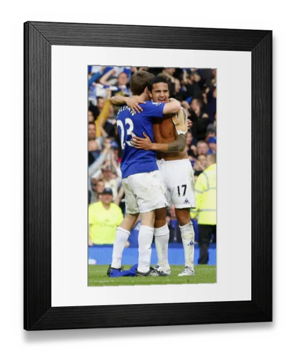 Framed Print : Unforgettable Derby Victory: Tim Cahill and Phil Neville's Emotional Celebration at Goodison Park Framed Print : Unforgettable Derby Victory: Tim Cahill and Phil Neville's Emotional Celebration at Goodison Park