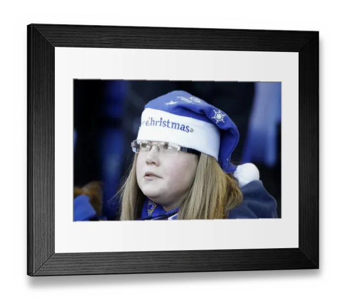 Framed Print : A Merry Everton Christmas: Everton FC vs West Bromwich Albion (2010) - Fan in Holiday Spirit at Goodison Park